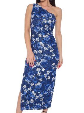 Blue embroidered lace floral one shoulder cocktail dress for wedding guest